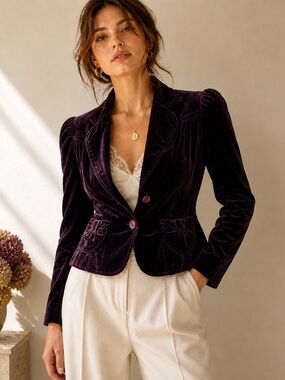 Bandolera Plum Velvet Tailored Peplum Blazer Jacket